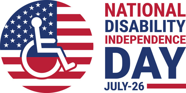 National Disability Independence Day Emblem with American Flag Pattern behind Wheelchair Silhouette Vector