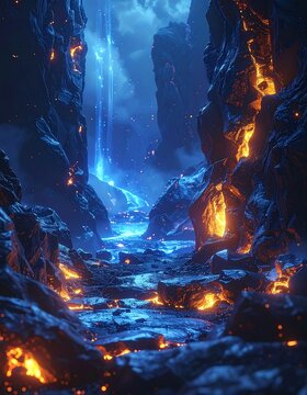 A dark, mystical canyon with glowing lava flows and a radiant blue light in the distance