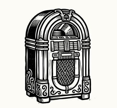 Classic jukebox with ornate retro cabinet, retro engraving illustration, vintage music and entertainment vector illustration