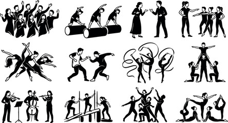 Set of various human activity icons showing groups performing arts sports and gymnastics.v © Tanzilur