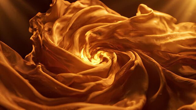 Elegant Golden Silk Fabric Swirling Motion Graphic. A stunning motion graphic video featuring elegant golden silk fabric swirling into a rose vortex pattern under bright warm stage lights.