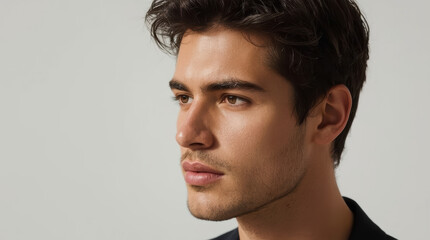 Fototapeta premium Handsome male portrait close up with soft lighting and neutral backdrop, contemplative expression