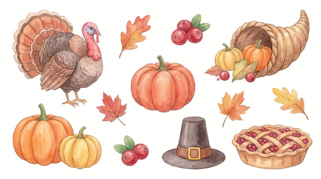 Set of Watercolor Thanksgiving Holiday Elements Featuring Festive Pumpkins and Turkey Illustration