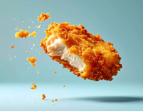 A crispy fried chicken strip suspended in mid-air, partially broken