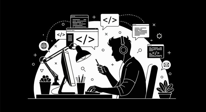 Silhouette of a programmer at a workspace with computer, headphones, and floating code icons in a black and white vector style illustration of software development.