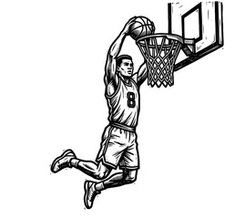 Basketball player performing slam dunk above hoop, hand drawn vintage engraving, sports action vector illustration © Otpirus