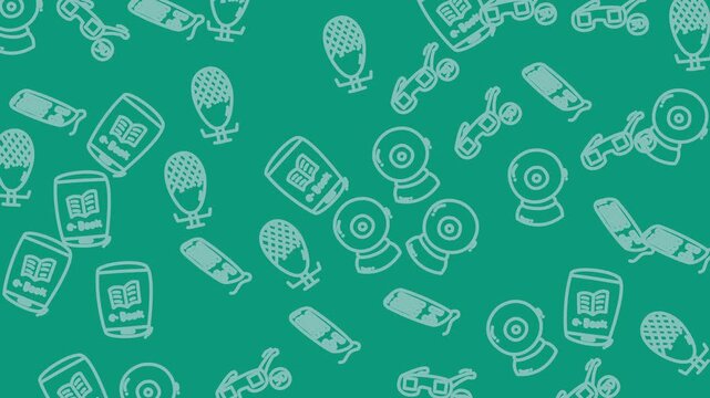 Green background with small white icons of microphones, webcams, and ebook reader devices. Suitable for technologythemed designs or presentations.