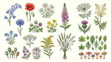 Naklejka premium A variety of colorful flowers and mushrooms are illustrated in a botanical garden scene with diverse plants and fungi on display.