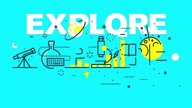 Explore discovery animation displaying white typography text with scientific research line icons on blue background.
