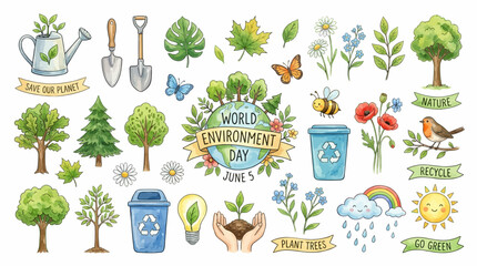 Obraz premium Hand Drawn Eco Friendly Elements Collection for World Environment Day Featuring Trees Flowers Recycling and Nature Icons