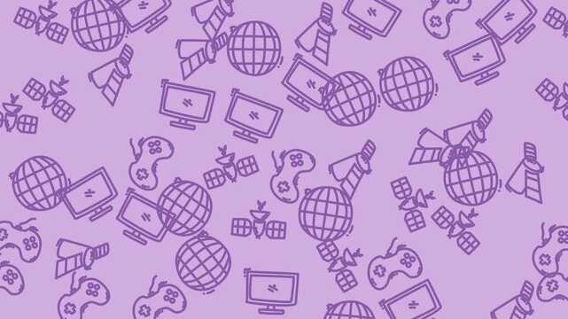 Purple background pattern with globe, satellite, monitor, and game controller icons. Suitable for technologyrelated projects, presentations, and design concepts.
