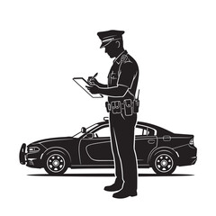 Police officer silhouette writing a traffic ticket, law enforcement officer standing by patrol car, black and white vector illustration of policeman © Naveed Graphics