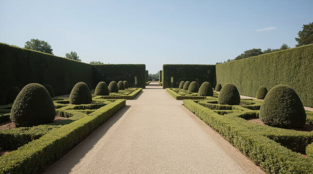 Formal symmetrical garden with geometric hedges and clipped topiary conveying calm serenity