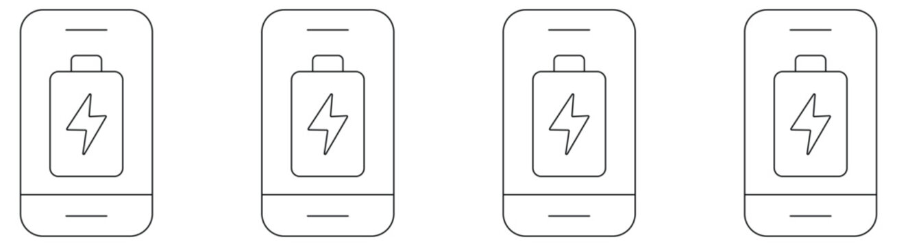 Mobile phone battery charging and power energy minimal line icon set, smartphone with lightning bolt on screen, cellular fast charge and battery status vector.
