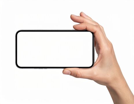 Hand Holding Smartphone Horizontally with Blank White Screen Mockup Isolated
