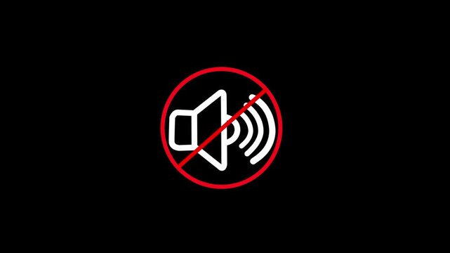 No sound audio silenced motion graphic of speaker mute with a restriction sign on a dark background animated symbol. No allowed transparent sound speaker audio silenced motion graphic on a black backg