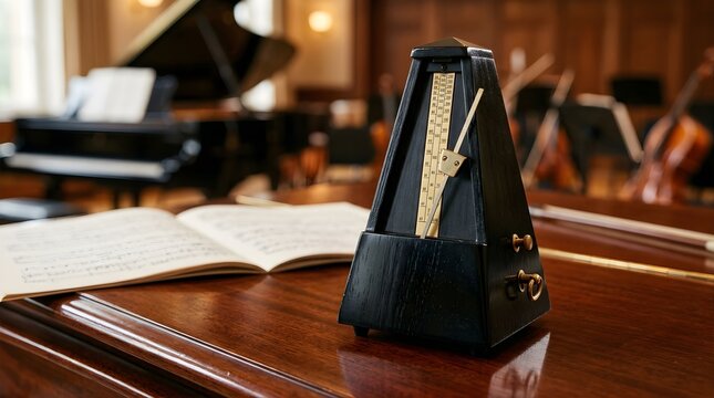 Classic mechanical metronome on a wooden piano with music score in a hall