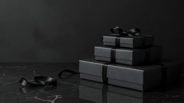 Black gift box stack on marble table with ribbon evokes elegant minimal mood