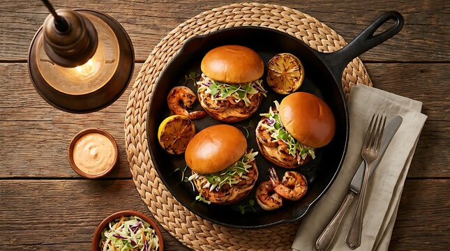 Three delicious pulled pork sliders served in a black cast iron pan on a rustic wooden table. grilled shrimp sliders