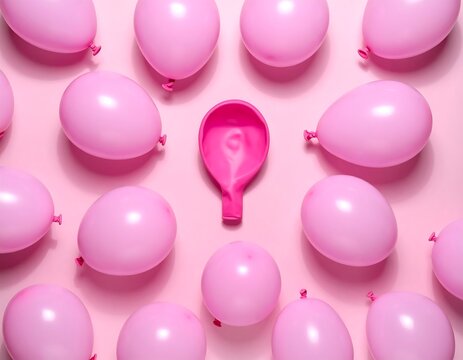 A deflated pink balloon surrounded by inflated pink balloons on a pink background