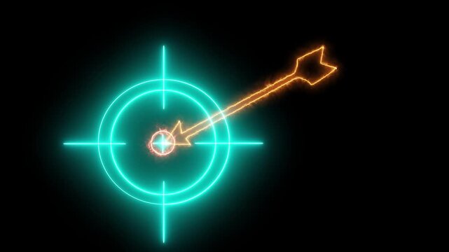 Arrow hitting the center of target - success business concept. business goals achievement, target icon. Neon glowing light target icon animation with blue color.  4K video target icon animation. 