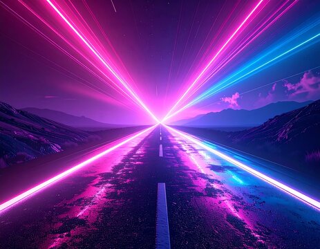 A dark road stretches into the distance, flanked by mountains under a purple sky with pink and blue neon lights
