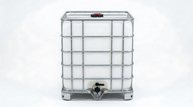 Industrial plastic ibc container with metal cage and valve for liquid storage. ibc container