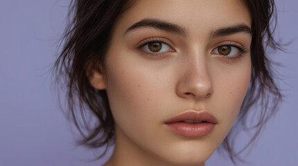 Fototapeta premium Young woman close up portrait with neutral expression and soft lighting
