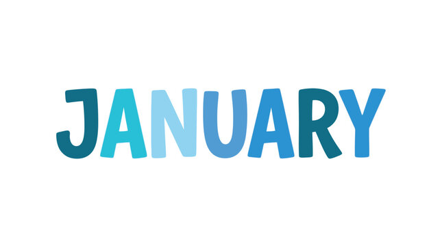 The word january written in vibrant blue typography with rounded letters on a plain white background