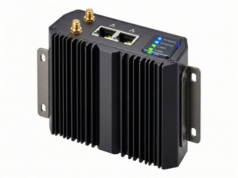 Industrial 4G LTE router with dual Ethernet ports and antenna connectors, mounted on a bracket. 