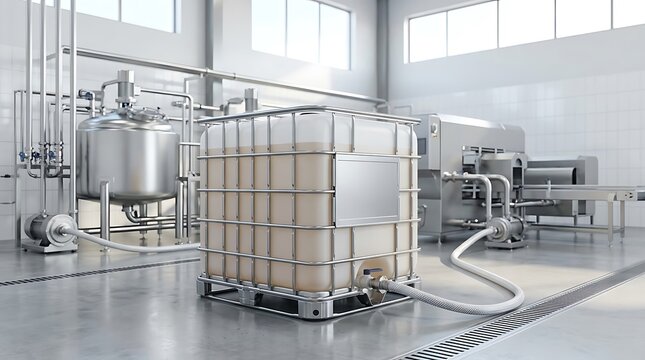 Industrial plastic tank for liquid storage and stainless steel pipes in a modern food factory. ibc container