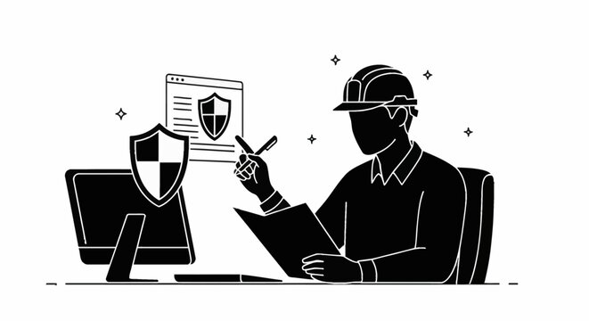 Silhouette illustration of a male professional in a hard hat analyzing cybersecurity data at a desk with a computer, folder, and shield icons representing digital network protection.
