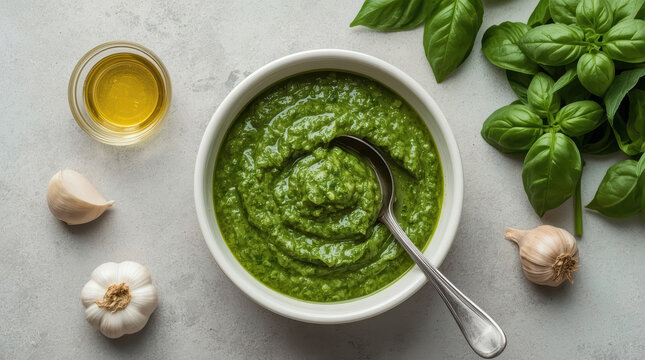 Fresh basil pesto sauce with garlic and olive oil in bowl, vibrant green homemade condiment
