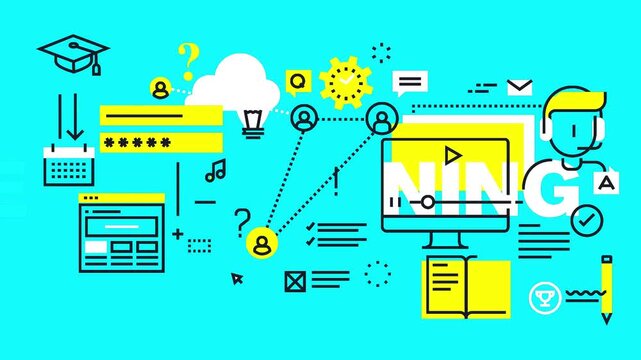 Digital learning concept animation displaying e-learning typography with line study icons on a green background.