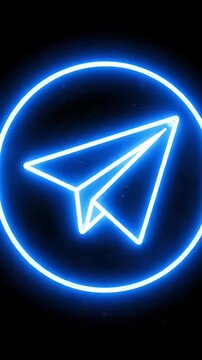 Glowing blue neon paper plane icon on black.