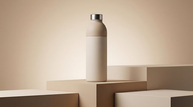 A minimalist workout fluid vessel placed on tiered geometric podiums against a soft neutral background to showcase a modern and premium design aesthetic