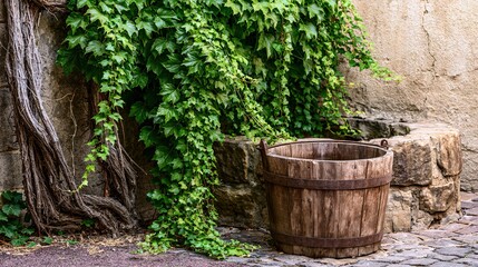 Fototapeta premium Wooden bucket beside village well afternoon