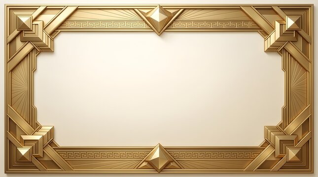 Ornate gold frame with art deco geometric patterns and a central blank space for text on light beige background