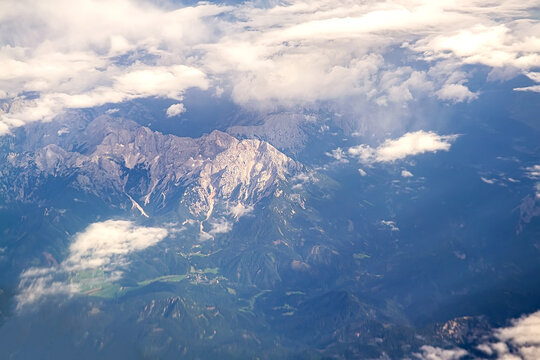 Alps mountain peaks aerial view, selective focus