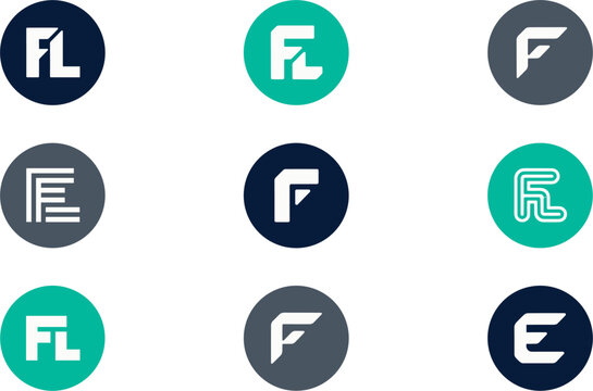 PrintModern Monogram Letter F and FL Corporate Logo Icon Set with Minimalist Geometric Typography inside Circular Badges for Business Identity and Brand Designs