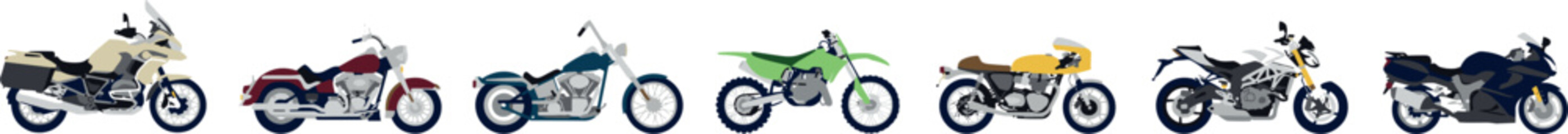 PrintMotorcycle Vector Icon Collection Featuring Different Bike Types Including Cruiser Sport Dirt Chopper and Touring Models for Automotive Graphic Designs © Mdnur