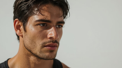 Naklejka premium Athletic young man portrait close up with sweat and contemplative expression