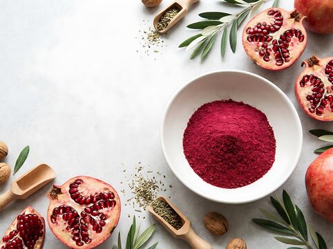 Fresh pomegranate fruit and red powder in a white bowl with green herbs and wooden spoons. Pomegranate powder