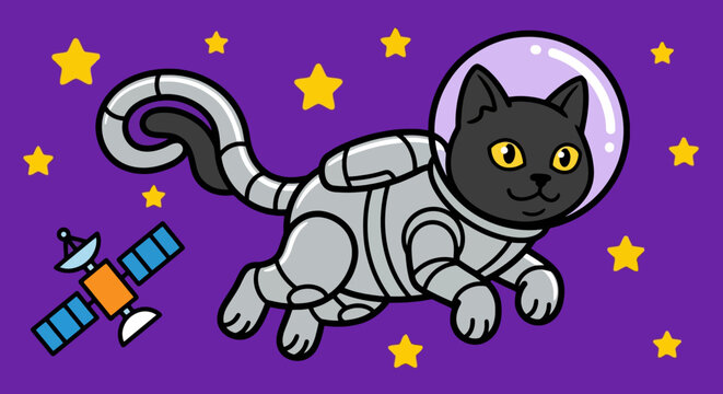 Cute black cat astronaut floating in outer space with stars and satellite