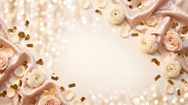 Overhead flat lay celebration luxury with gold confetti and petals