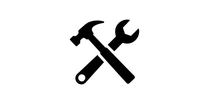 Black silhouette icon of a crossed hammer and wrench representing construction repair and maintenance tools