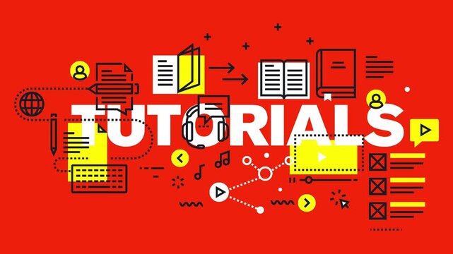 Online tutorials concept animation showing white typography text with e-learning thin line icons.
