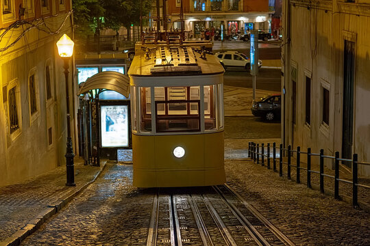 Historic lisbon funicular street tram, selective focus