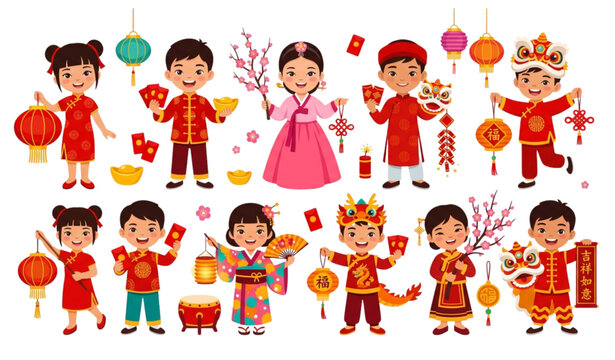 Lunar New Year Asian Children with Lanterns and Red Envelopes Vector Set