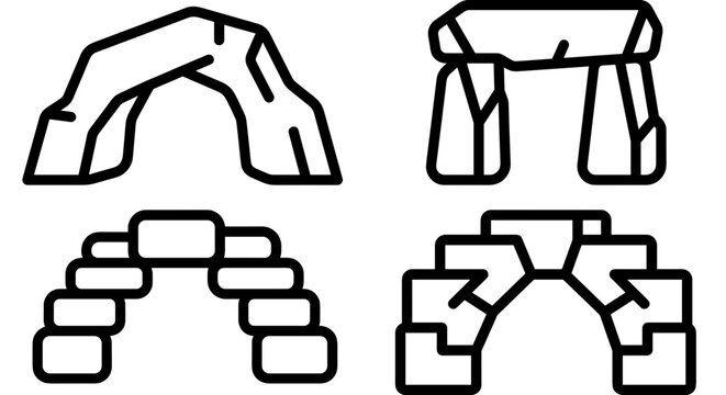 Rock arch formations and stone structure linear icons